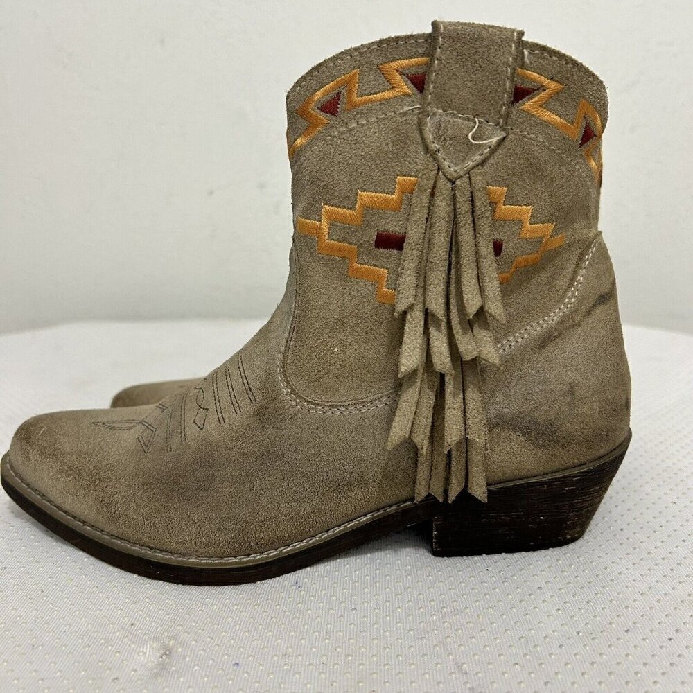 VTG Dingo Southwest Embroidered Fringe Tan Leather Western Ankle Boots Sz 6